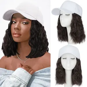 MY-LADY White Baseball Cap With Hair 8inch Hat Wigs Synthetic Curly Hair Pieces for Women