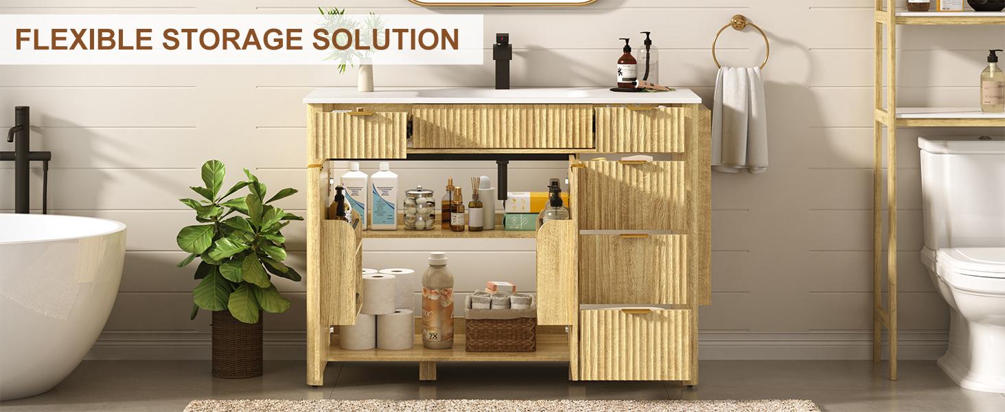 48" Fluted Bathroom Vanity with Sink & Faucet Combo, Modern Bathroom Cabinet with Door, 3 Drawers and Side Storage Shelves, Ideal for Guest Room and Apartment Use