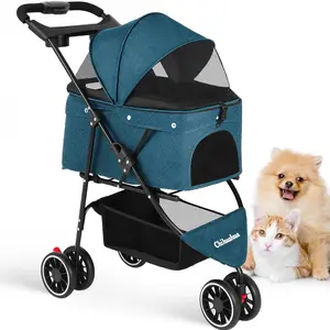Foldable Pet Stroller for Small Medium Dogs Cats 3 Wheels with Breathable Mesh Canopy Cup Holders Easy Assembly Green