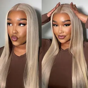 Transparent Lace Ombre Ash Blonde Highlight Wig 13X4 Lace Front Wigs Human Hair Straight Milk Tea Ash Brown with Honey Blonde Highlight Lace Frontal Wig Human Hair Pre Plucked For Woman