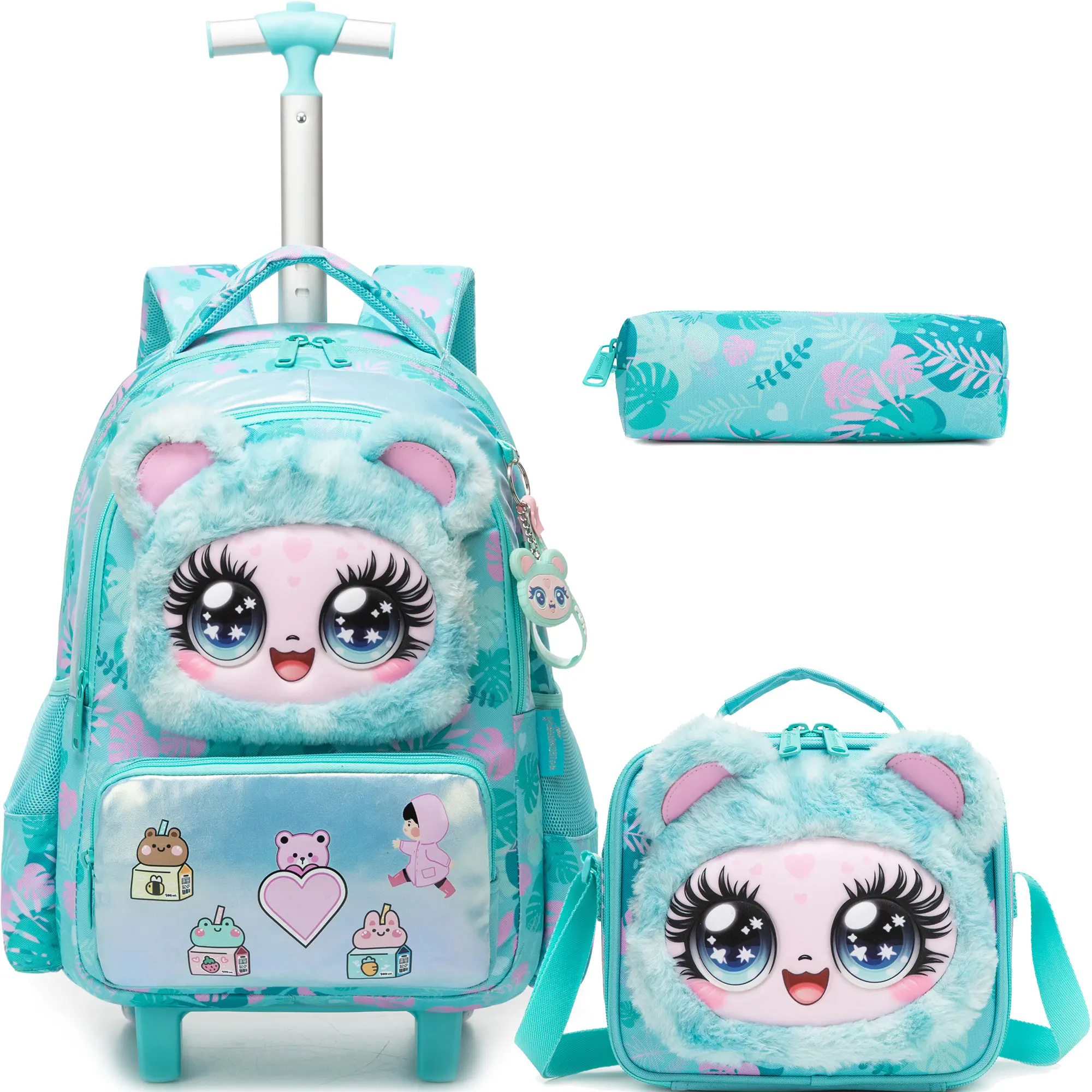 3-Piece Kids Rolling Backpack Set with 3D Fuzzy Kawaii Bear | Chic Convertible Wheeled Bag with Tropical Leaves, Shoulder Straps, Lunch Box & Pencil Case, Graphic, Convertible Design, Cute, Kawaii Bears, Backpack For School, Kindergarten Backpack
