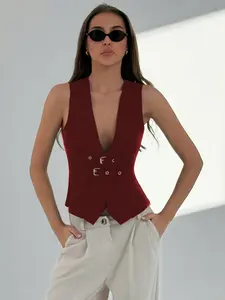 Deep V-Neck Fitted Office Blazer Vest for Women, Elegant Two-Buckle Design, Perfect for Professional Settings