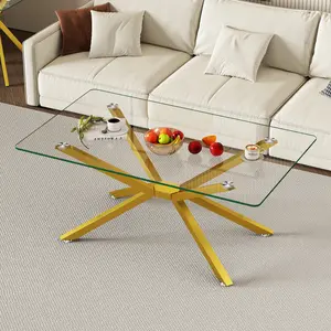 39.37*23.62*16.93 Inch Rectangular Tempered Glass Coffee Table Clear Glass Top Gold Metal Legs 220LBS Weight Capacity Adjustable Foot Design Modern Living Room Sofa Table Easy Assembly