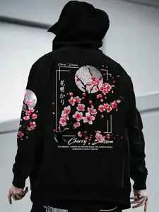 Men's Japanese Sakura Flower & Moon Graphic Print Fitted Hoodie, Streetwear Preppy Stylish Long Sleeve Top for Winter