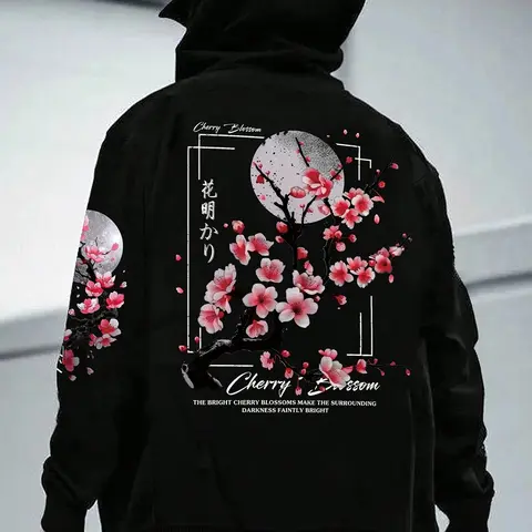 Men's Japanese Sakura Flower & Moon Graphic Print Fitted Aesthetic Hoodie, Streetwear Preppy Stylish Long Sleeve Top Sweatshirts for Winter, Casual Pullover Sweatshirts Clothing Hoodie
