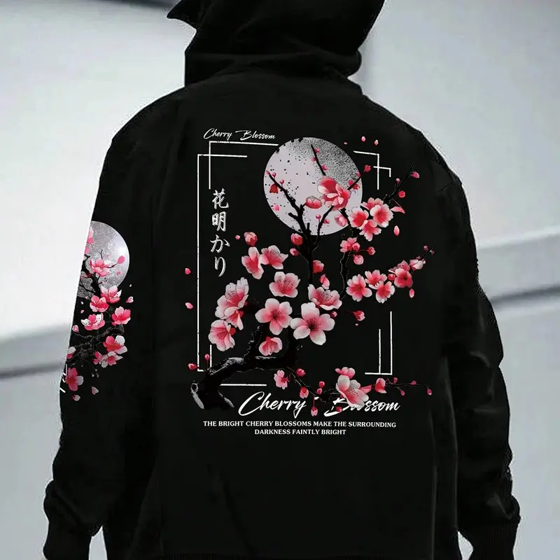 Men's Japanese Sakura Flower & Moon Graphic Print Fitted Aesthetic Hoodie, Streetwear Preppy Stylish Long Sleeve Top Sweatshirts for Winter, Casual Pullover Sweatshirts Clothing Hoodie