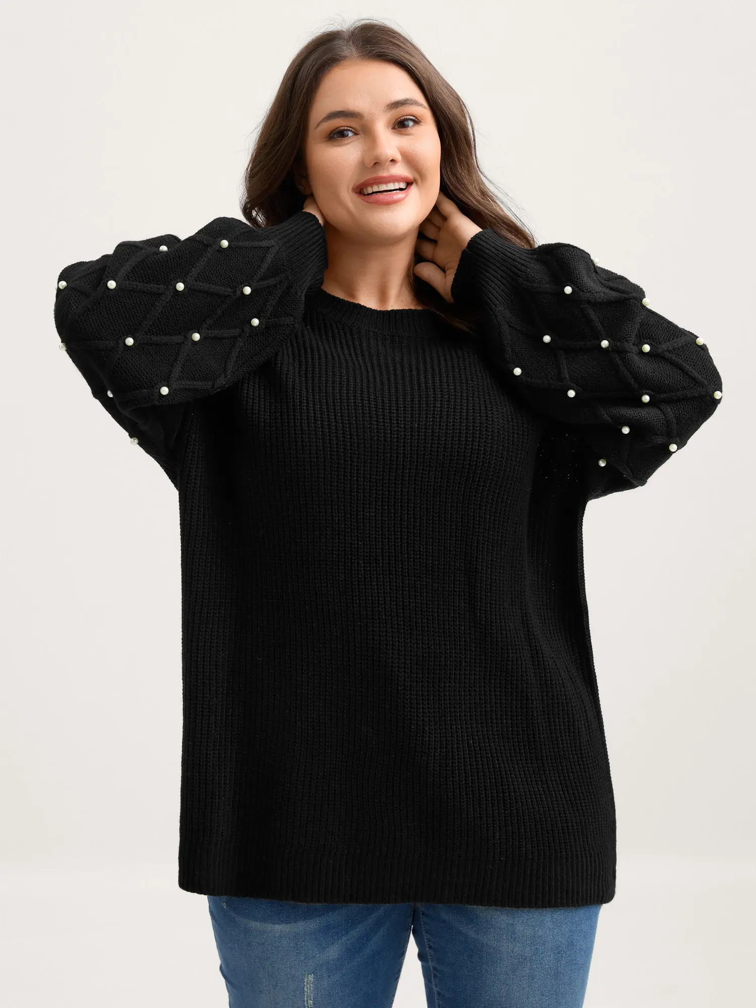 BloomChic Women's Long-Sleeve Basic Acrylic Hoodie Top - 100% Fabric Loose-Fit Round Neck Pullover, Drop-Shoulder Lantern Sleeves, Textured Pearl Detail, Black Lady Garment,Summerfinds