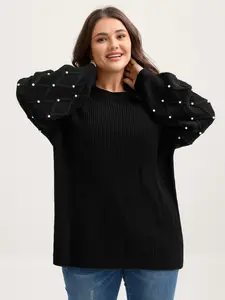 【Full Arm Coverage】Bloomchic Textured Pearl Detail Drop Shoulder Pullover Black Loose Fit Long Lantern Sleeve Round Neck 100% Acrylic