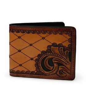 Western Genuine Leather Tooled Men's Wallet Organizer, Full Grain Bifold Tooled Wallet, Rodeo Wallet For Cowboy Card Case