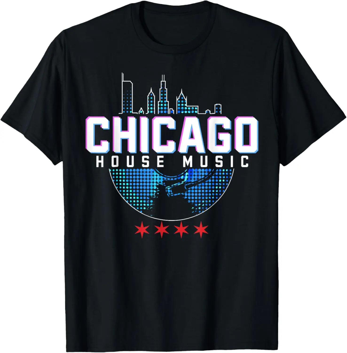 Chicago House Music Vinyl Dj Raver Flag Skyline Apparel T-Shirt
