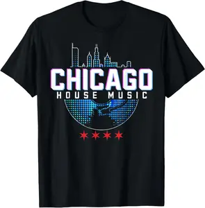 Chicago House Music Vinyl Dj Raver Flag Skyline Apparel T-Shirt