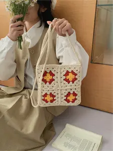 Shoulder bag with contrasting colors, small fresh flowers, handmade woven bag, Hand Weaving, cherry mini versatile grass woven bag, suitable for beach vacation, beach bag, outdoor commuting crossbody bag, Cross body bags