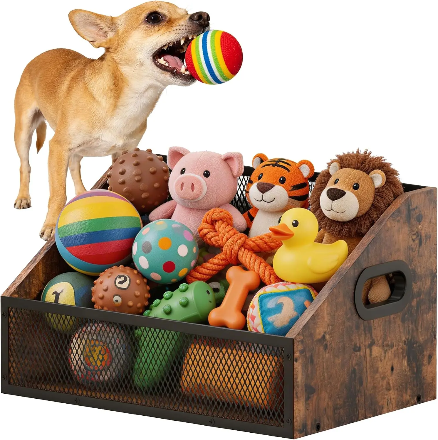 Wood Dog Toy Bin, Dog Toy Box(Rustic Brown) | Wood Dog Toy Basket,Dogs Storage Organizer, Large Cat Toys Basket Box for Living Room Area Wooden Organizing Storage