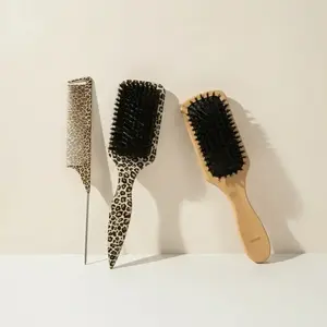 Leopard Print Rat-Tail Comb & Wooden Hair Brush Set, 3pcs Plastic and Wood Styling Tools for Unisex Hair Grooming and Sectioning