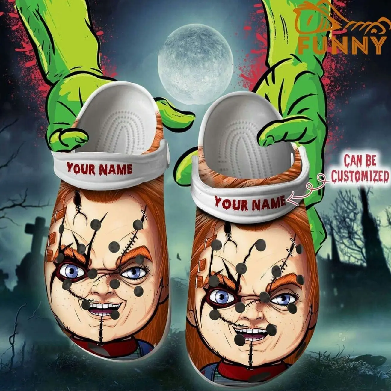 Personalized Chucky Face Halloween Clogs for Women Men & Kids Size