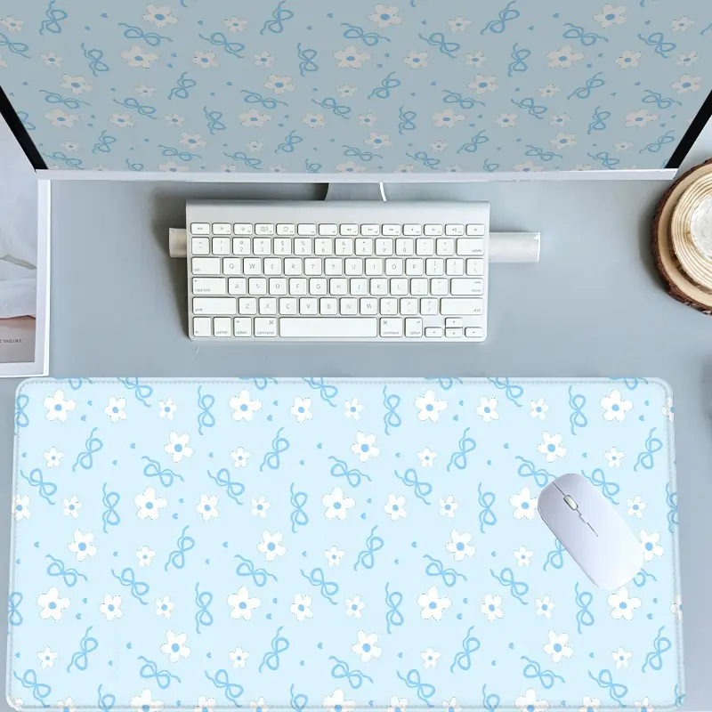 Light Blue Flower & Bow Pattern Mouse Pads Gaming Mouse Pad Extended Mouse Pad Computer Desk Mat Office Desk Accessories with Non - Slip Rubber Base Stitched Edges Surface, Sweet & Dainty Style for PC Gamers, Office Workers & Home Use