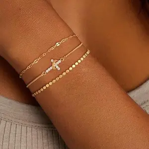 KOPERIN 3 PCS Crown Cross Bracelets For Women, Dainty Stackable Trendy Sparkling Waterproof Adjustable Bracelet Set, Fashion Jewelry Easter Gifts For Women Girls