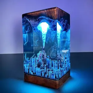 Handmade Godzilla Atomic Breath resin lamp, 3D LED night light inspired by movies, city diorama desk decor, unique gift for fans and collectors, festive decor for Christmas and birthdays, home gaming room accent, TikTok shop, resin lamps