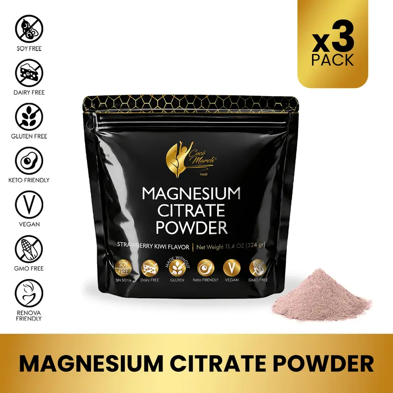 3 Pack of Cocó March N.M.D Magnesium Citrate Powder – Strawberry Kiwi Flavor – Mineral Dietary Supplement – 45 Servings per Bag