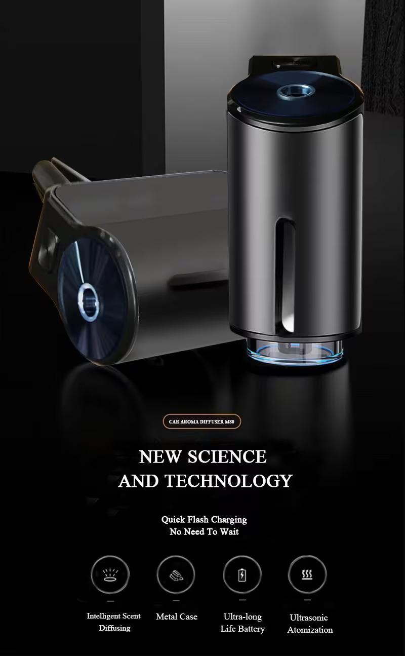 Smart Car Air Freshener, Diffuser, Comes with with Airconditioning Vent Clips And 3pcs Essential Oils, Rechargeable Design, USB Charging, Longlasting Freshness (Gray)