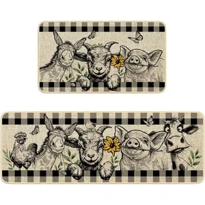 Farmhouse Kitchen Rugs Set of 2,Farm Pig Goat Rooster Highland Cow Horse Kitchen Mats for Floor,  Grey Non Slip Sink Laundry Rug Kitchen  Decor Doormat+Runner Rug