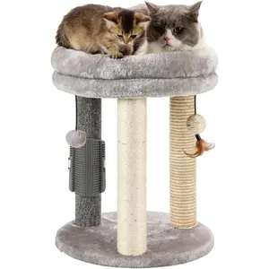 4in1 Small Cat Tree,Scratching Post with Tower Soft Cat Bed, Sisal Carpet Jute Posts with Three Hanging Ball Toys and Massage Brush for Indoor Cats and Kittens