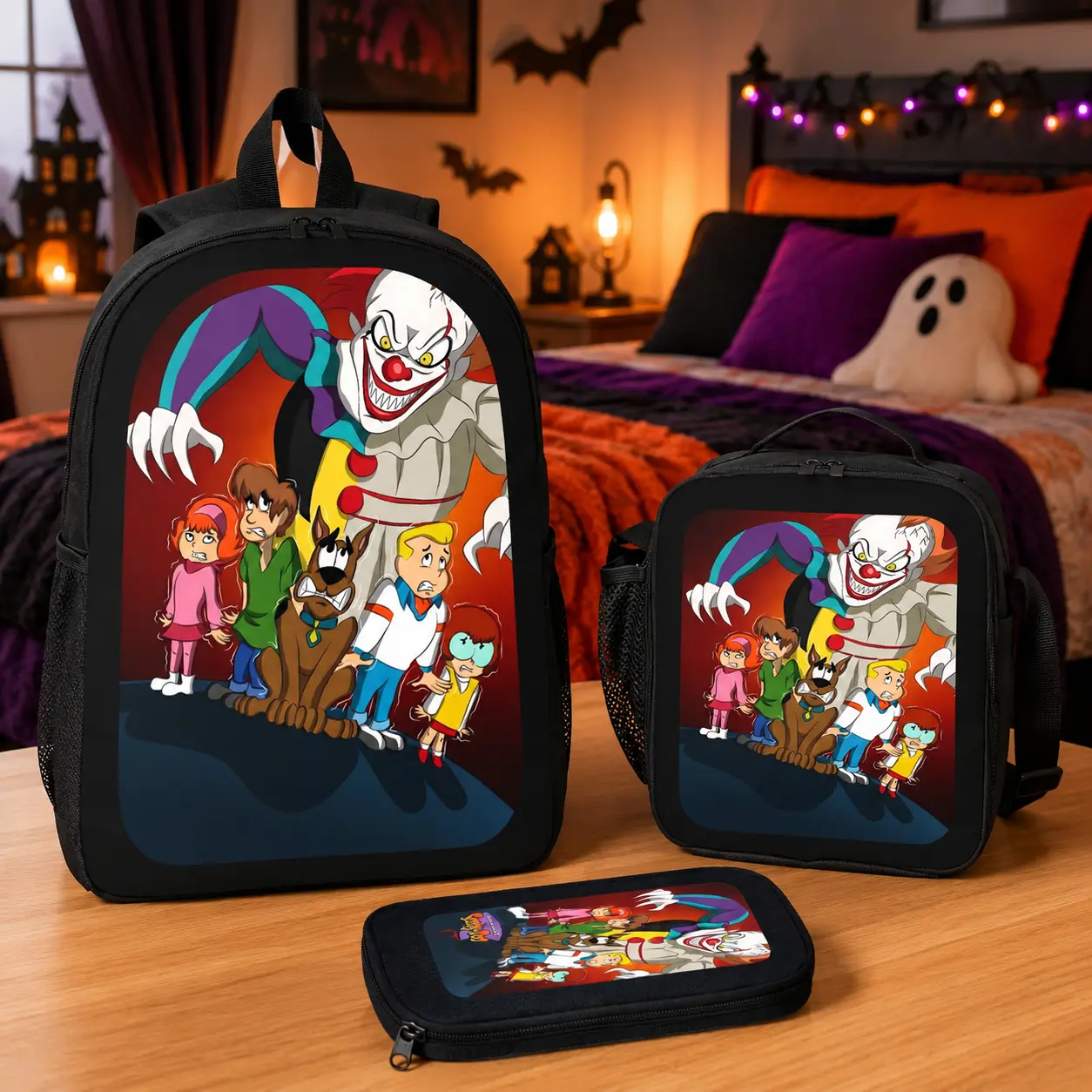 Scooby Doo Backpack Set 3PCS Cartoon Print Backpack Pencil Case Lunch Bag Bundle Unisex Character Bag Retro Style Aesthetic Daily Carry Travel Bag Gift Idea TikTok Trending Fans Collection