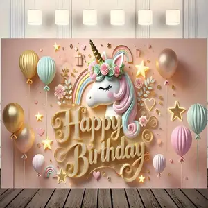 Unicorn Balloon Pattern Birthday Background Banner, 1 Count Colorful Birthday Party Decoration, Wall Decoration, Photography Background, Curtains, Tablecloths, Ornaments