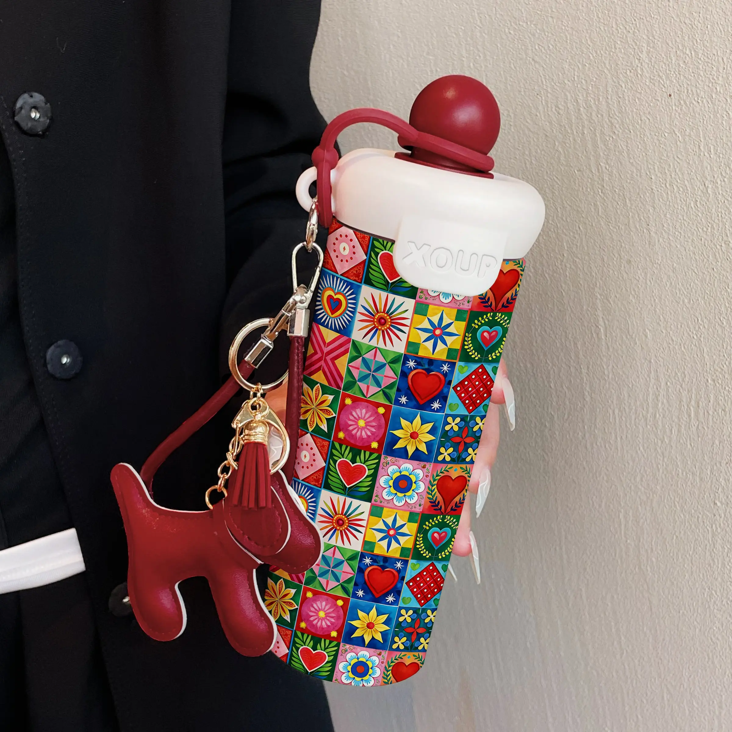600ML Insulated Mug with Lanyard, Portable, Vintage Plaid Pattern Coffee Cup, Stainless Steel 316, Suitable for Outdoor Sports, Travel, Home Use, Tumbler, Thermal Mug, Portable Drinkware Tumbler