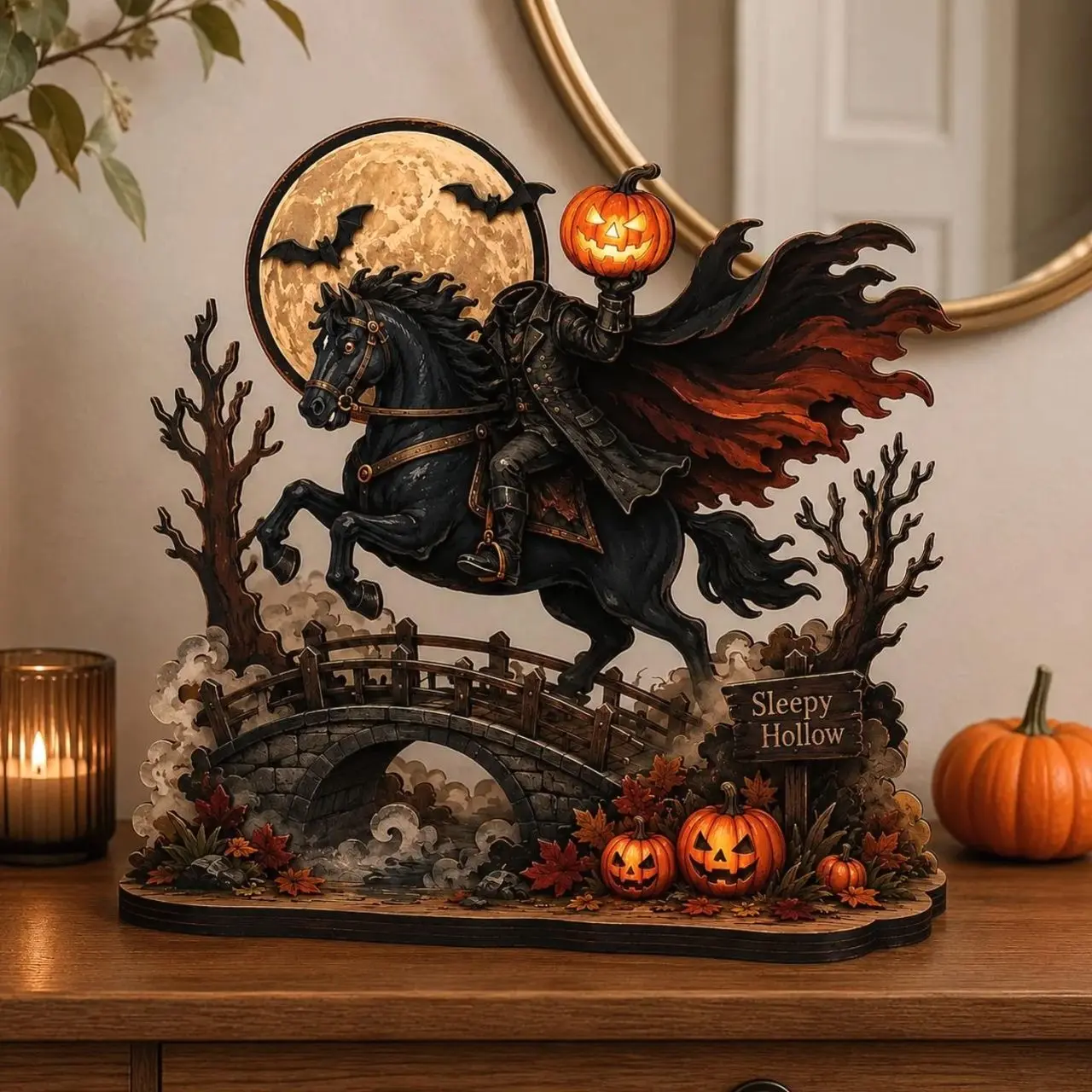Headless Horseman Wooden Sign, Halloween Decor, Pumpkin Rider Table Accent, Gothic Home Decor, Creepy Halloween Gift, Spooky Fall Display