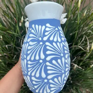 Blue & White Mexican Talavera Art Pottery Vase Flowers Hand Painted