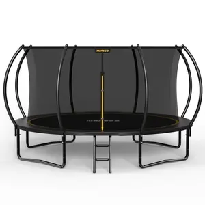 Mersco 14ft Round Fun Outdoor Trampoline for Kids - Large Steel Frame Playset with UV-Protective Waterproof Safety Net, Curved Pole Fence, Ladder, American Football Target Cloth, Rust-Proof for Backyard Use