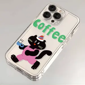 Cute Cat with Coffee Transparent Shockproof Phone Covers for Women & Men, Suitable for iPhone 17/16/15/14/13