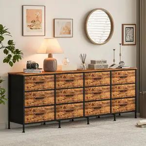 12-Drawer Fabric Dresser with Charging Station & LED Lights, Tall Storage Chest with Open Shelves for Bedroom, Living Room, Entryway, Steel Frame & Wooden Top