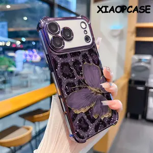 Purple leopard-print butterfly pattern four-corner drop-proof soft TPU phone case iPhone 17 Pro Max Air 16 15 14 13 12 11 Plus Fashionable camera protection shockproof and drop-resistant durable phone case