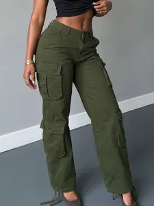 Chicsale Women's Straight Leg Cargo Jeans - Rigid Non-Stretch Utility Denim Pants With Pockets, Everyday Casual Street Style Wear