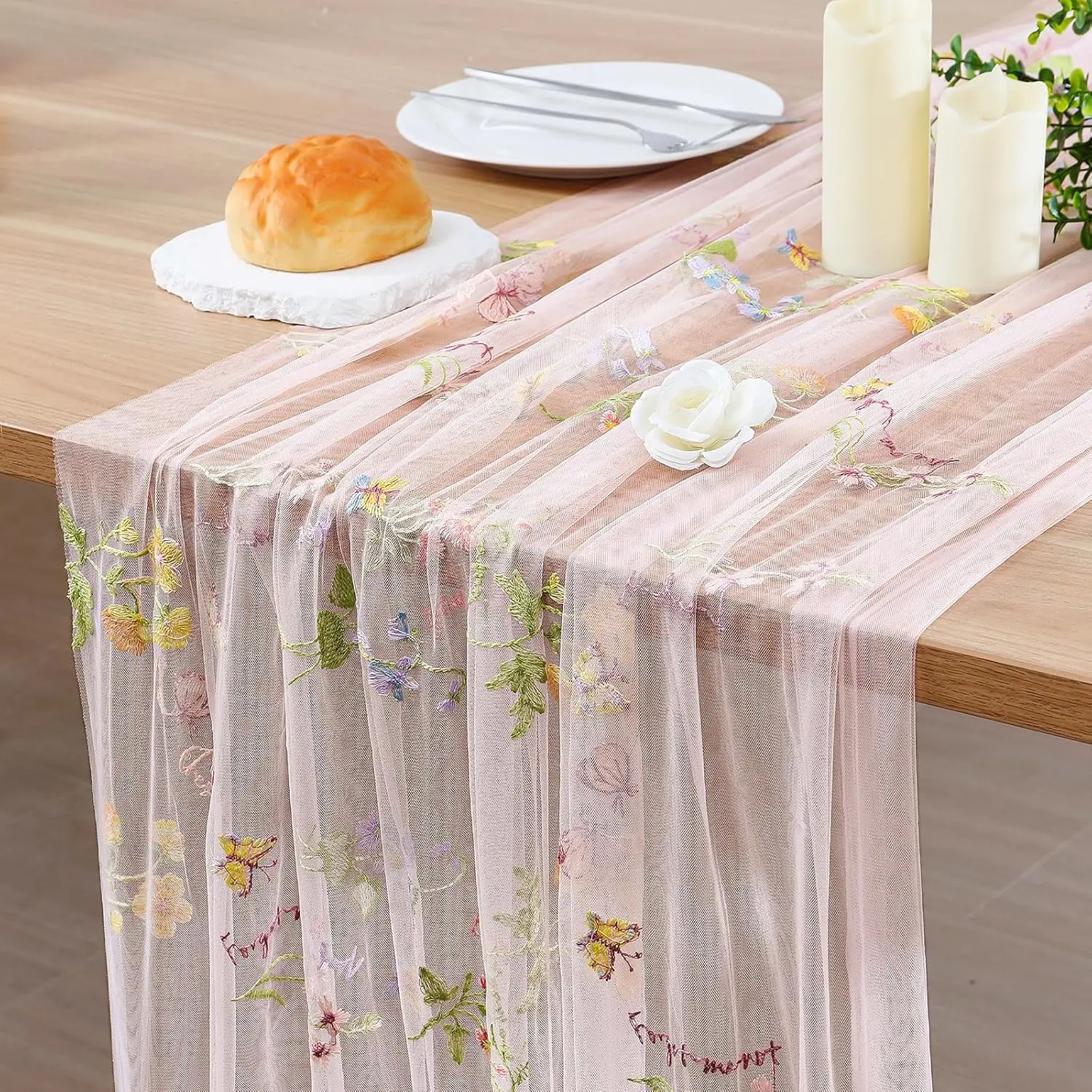 1 count  Florals Table Runner Embroidery Gauze 10FT Daisy Seasonal Tulle Birthday Wedding Holiday Kitchen Dining Table Decor for  Party