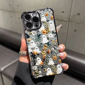 Halloween Cute Ghost Flower Four-corner Airbag TPU Phone Case for iPhone 17Pro Max Air 16 15Plus 14 13 12 11, Fashion, advanced, Shockproof, drop scratch-proof, protective and durable mobile phone case, silicone protective cover, Gifts for girls.HY24