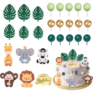 P-PSD029   27PCS Safari Animal Cake Topper, Plam Leaves Balls Cake Decorations Birthday Cake for Wild Theme Birthday Decorations Baby Shower Supplies Set Turtle