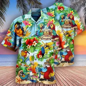 Parrot Tropical Full-Print Hawaiian Shirts, Funny Bird Paradise Graphic Top, Colorful Summer Cocktail Pattern Hawaiian Shirts, Casual Aloha Style Vacation Daily Wear for Men Women SNZ