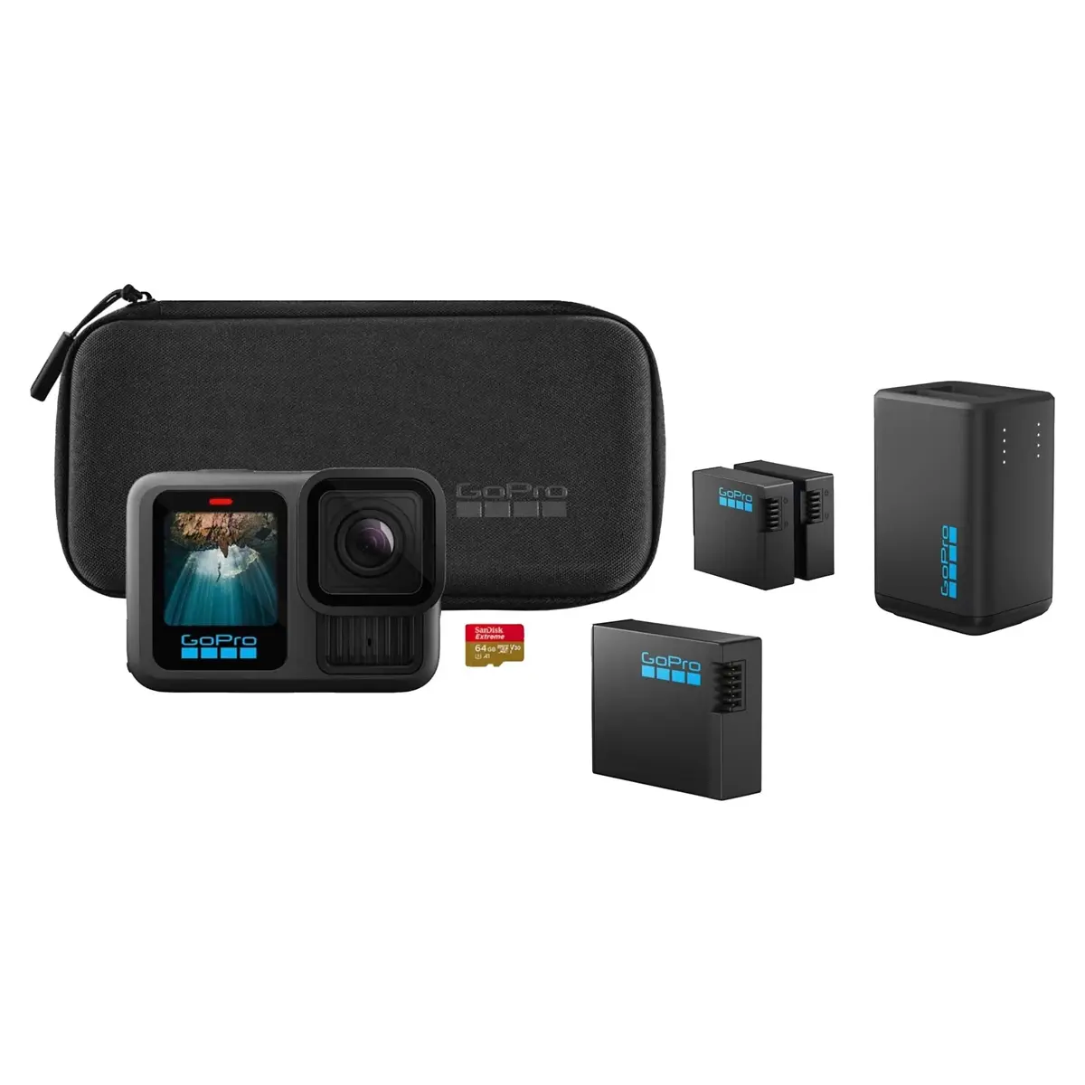 GoPro HERO13 Black Digital Action Camera HB-Series Extended Power Bundle - 1900mAh Durable Batteries, 33ft Waterproof, Hypersmooth, Automatic 360° Horizon Lock, Magnetic Link Cable, 3 Mounts, Anamorphic Lens Mod for Beach, Hiking, Recording