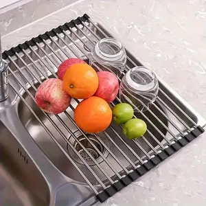 Foldable Stainless Steel Kitchen Sink Drain Rack, Dish Drying Holder, Water Filter Stand, Space-Saving Design, Easy Clean, Organiser, Fruits