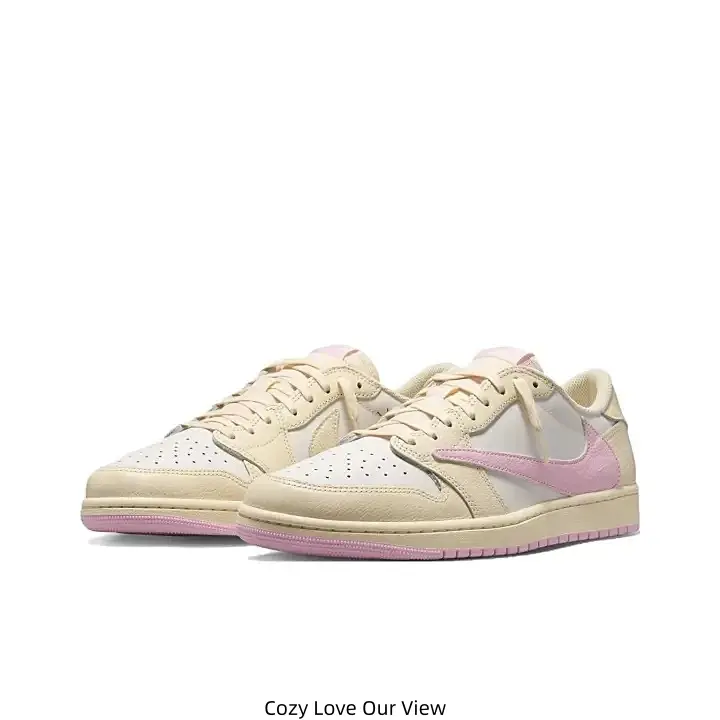 Beige Off White Two-Tone Leather Low Top Casual Sneakers Pink Swoosh Logo Pink Rubber Outsole Daily Walking Trainers for Men Women Street Fashion