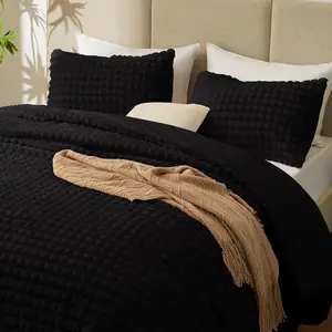 Comforter Set Queen Size - Soft Faux Fur 3D Grid Comforter 3 Pieces, Black Fleece Bedding Set,Winter Warm Bed Set,1 Comforter with 2 Pillowcases