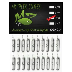 Mythik Lures 20 Pack - Skinny Lead Drop Shot Fishing Weights Sinkers Multiple Sizes 1/8 1/4 3/8 1/2 3/4 1 for Bass Trout Crappie Catfish - (cc) Natural - 3/8 Ounce - 11 gram - Custom