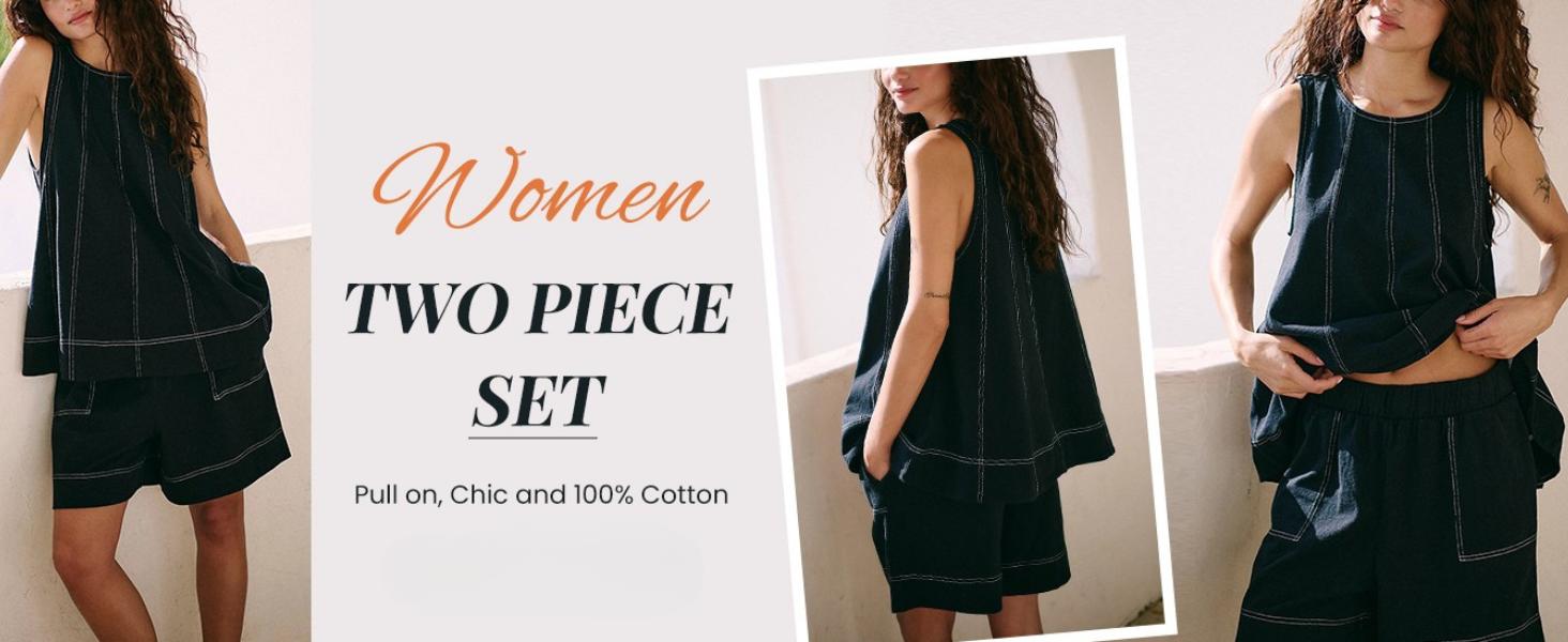 Ommig Womens 2 Piece Outfits Sleeveless Matching Sets A Line Tank Tops Contrast Stitching High Waist Shorts with Pockets