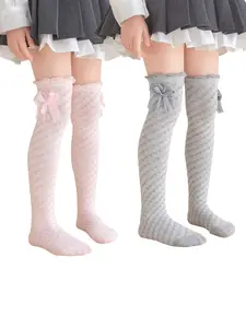 2 Pairs Girls' Knee-High Socks, Comfortable School Wear, Durable Soft Fabric, Ideal for Daily Use, Casual College Style, Vacation Ready