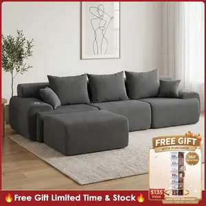 【FREE GIFT】Corduroy Cloud Compression Sofa, No Assembly Modular Sectional Couch with Cup Holders, High Resilience Sponge, Free Combination L Shaped Sleeper Sofa for Living Room, Family & Apartment Small Space boneless
