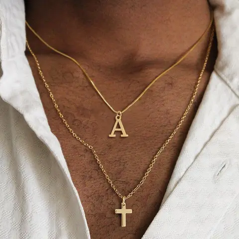 Men's Letter & Cross Pendant Necklace, Coptic Cross Necklace, Initial Letter Necklace, Fashion Jewelry for Party, Daily Clothing Decor, Trendy All-match & Exquisite Jewelry for Birthday Gift, Statement Religious Necklace
