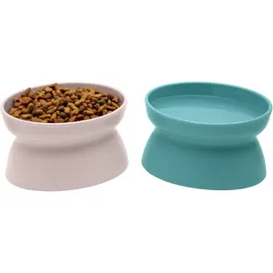 Elevated Cat Bowls (Set of 2), Whisker-Friendly Raised Cat Food & Water Dishes, Modern Pedestal Design, Dishwasher Safe, 6.5 oz Each – Teal & Light Pink